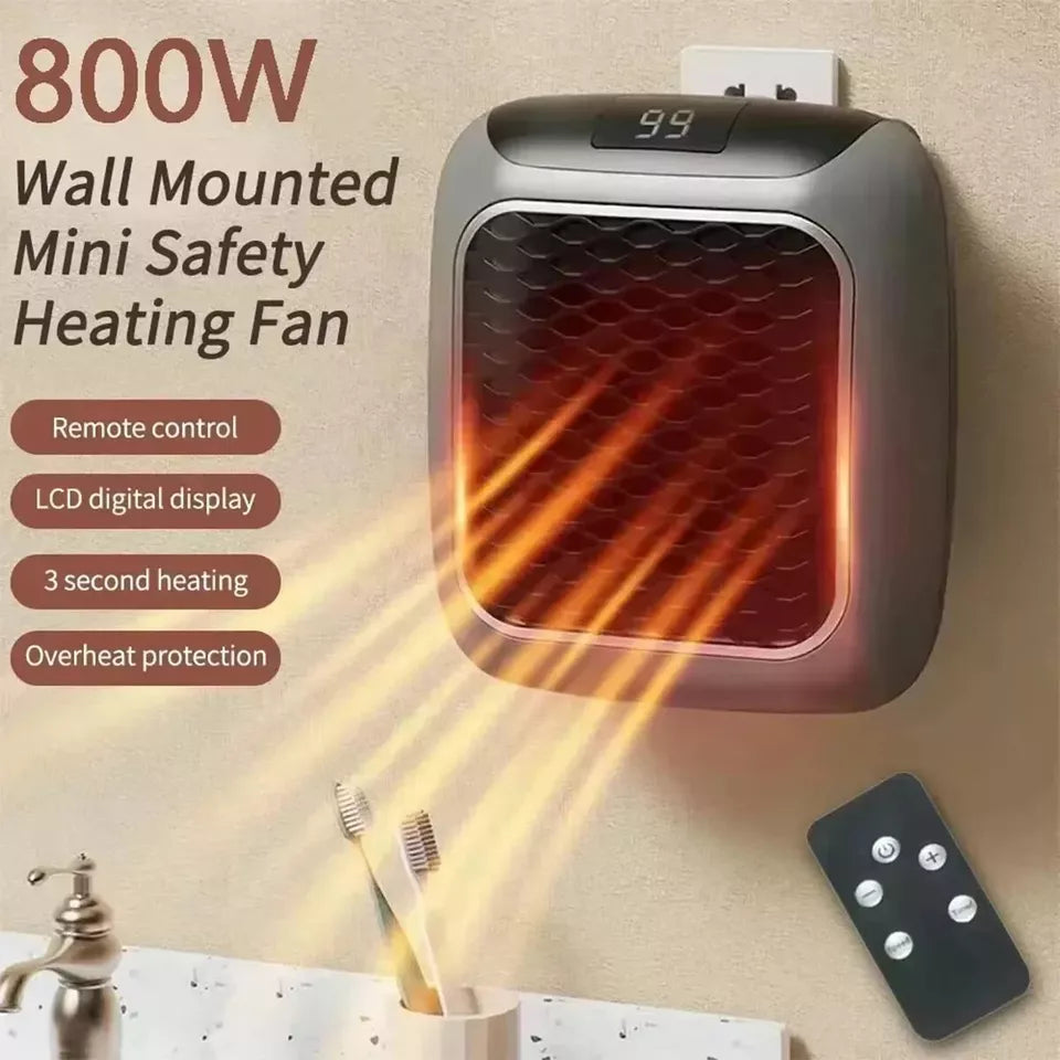 800W Wall Mounted Space Heater - Digital Ceramic Personal Heater with LED Display & Remote | Energy Saving, Quiet, Safe | For Home, Office, Bedroom